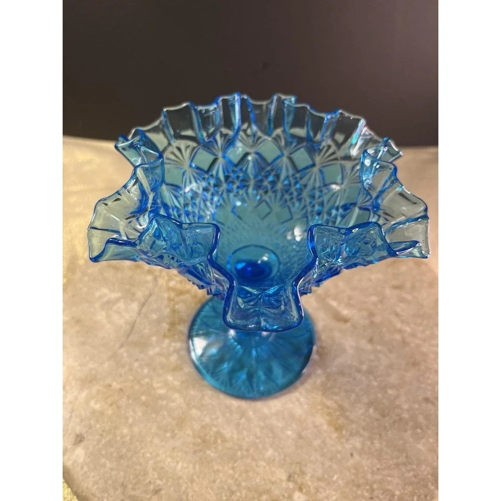 Fenton Colonial Blue Glass Ruffled Thumbprint Pedestal Fluted Compote Candy Dish